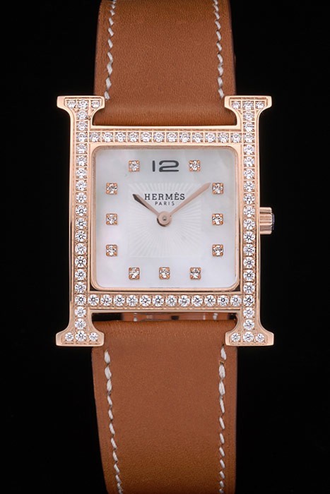 Hermes Heure H Rose Gold Bezel Diamond pokrytý Tan kožený řemínek White Dial 80236